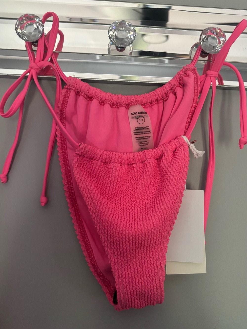 Good American Neon Pink Smocked Tie Bikini Bottoms